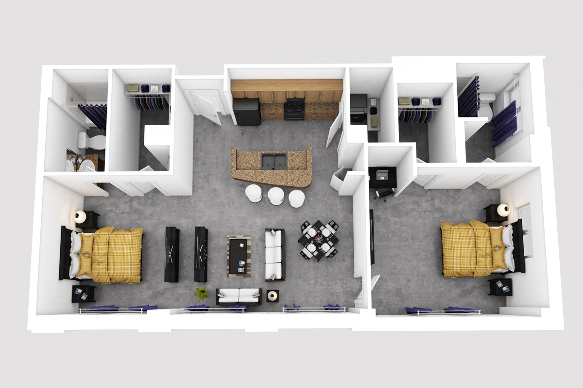 Floor plan for 1 bed, 2 baths, 940 sqft